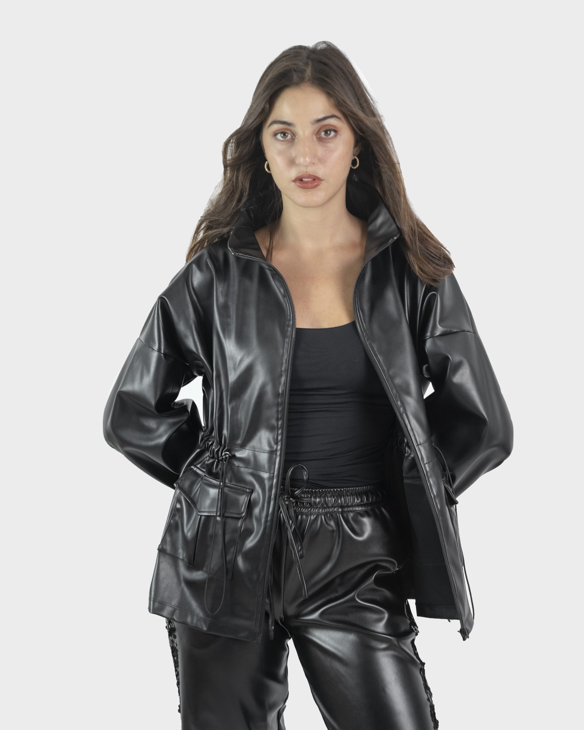 Draw Strings Faux Leather Jacket